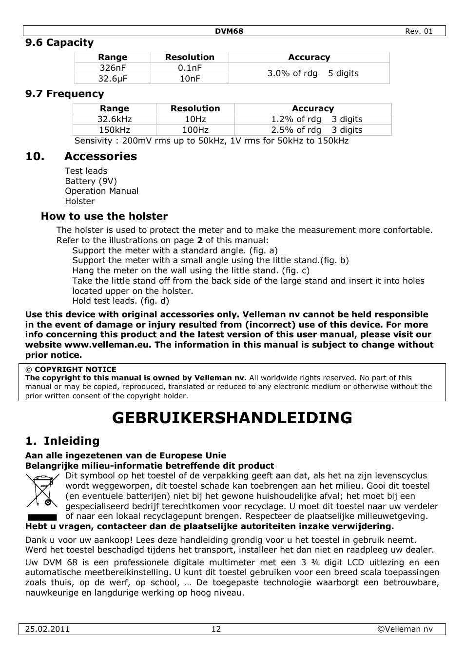 Gebruikershandleiding, Accessories, Inleiding | Velleman DVM68 User Manual | Page 12 / 55