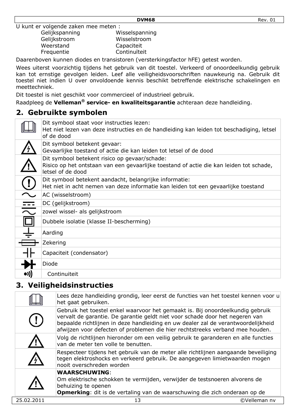 Gebruikte symbolen, Veiligheidsinstructies | Velleman DVM68 User Manual | Page 13 / 55