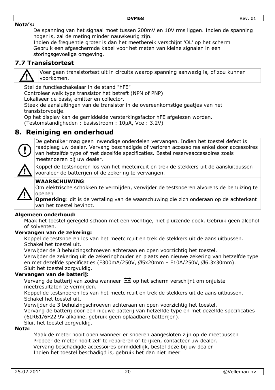 Reiniging en onderhoud | Velleman DVM68 User Manual | Page 20 / 55