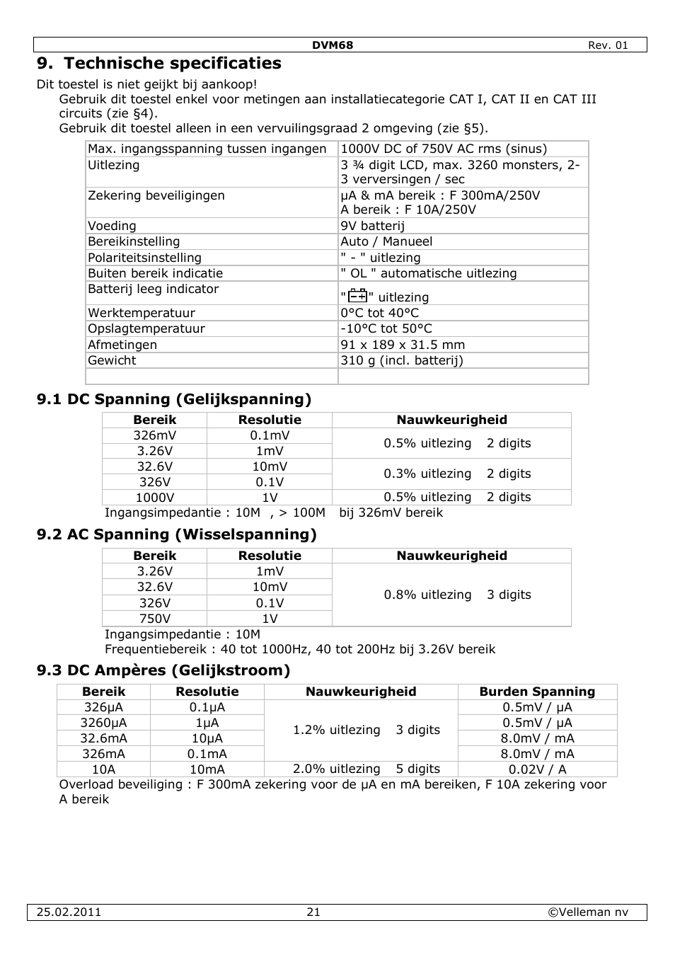 Technische specificaties | Velleman DVM68 User Manual | Page 21 / 55