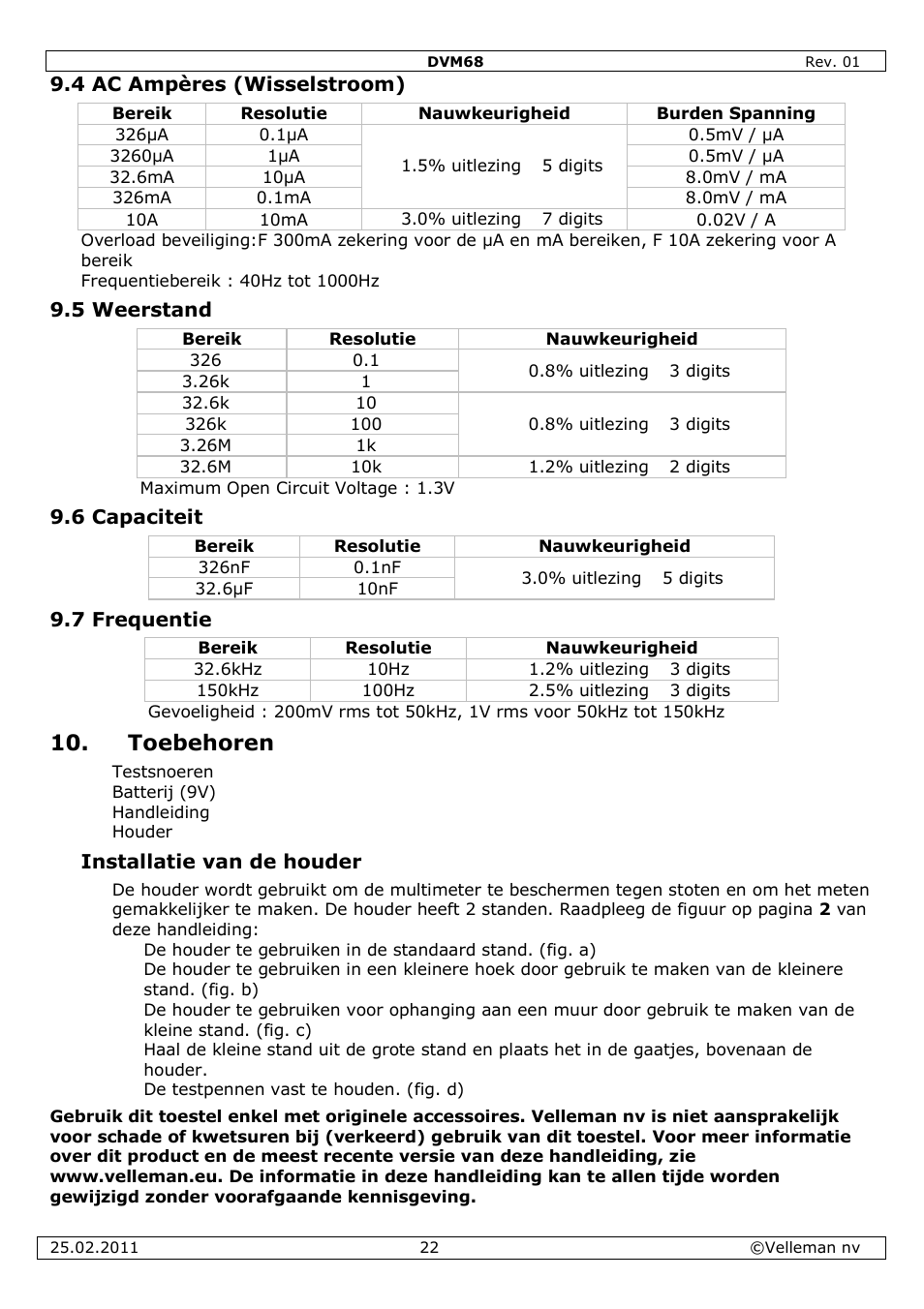 Toebehoren | Velleman DVM68 User Manual | Page 22 / 55