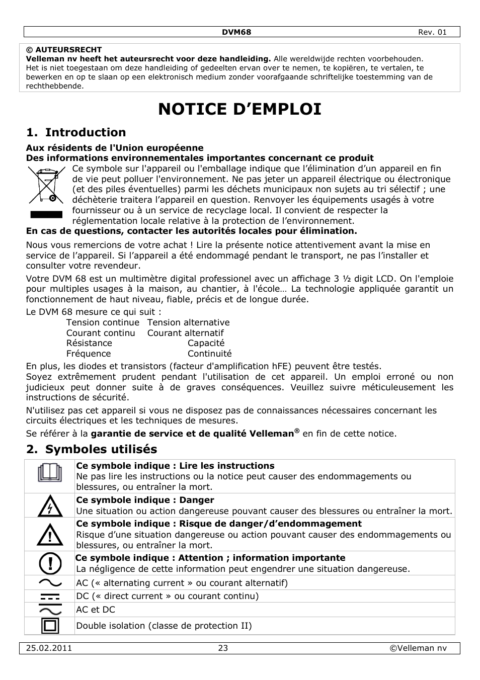 Notice d’emploi, Introduction, Symboles utilisés | Velleman DVM68 User Manual | Page 23 / 55