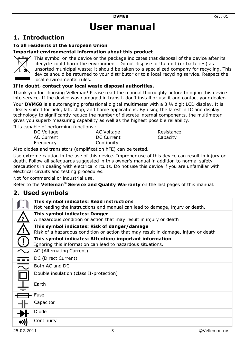 User manual, Introduction, Used symbols | Velleman DVM68 User Manual | Page 3 / 55