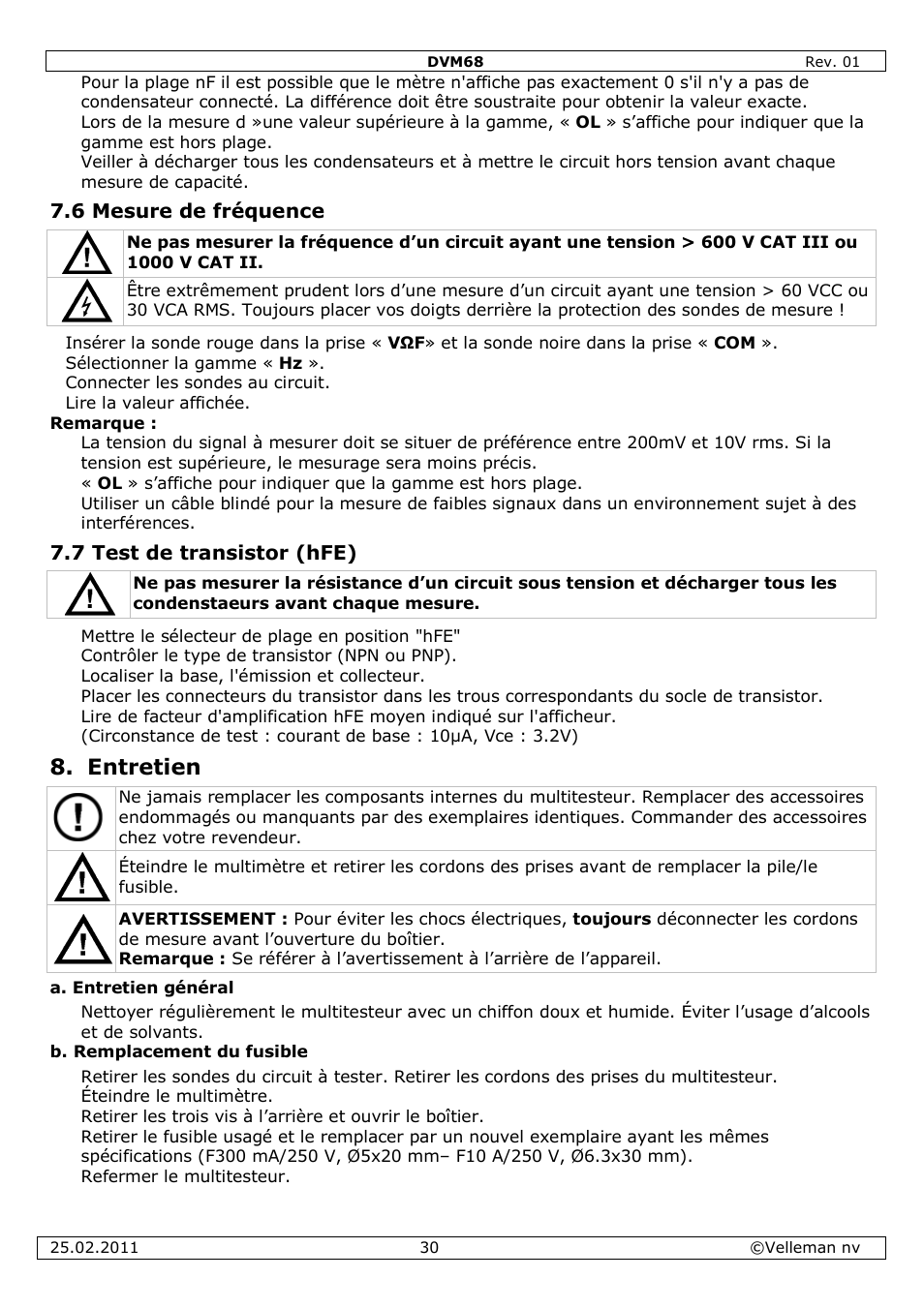Entretien | Velleman DVM68 User Manual | Page 30 / 55