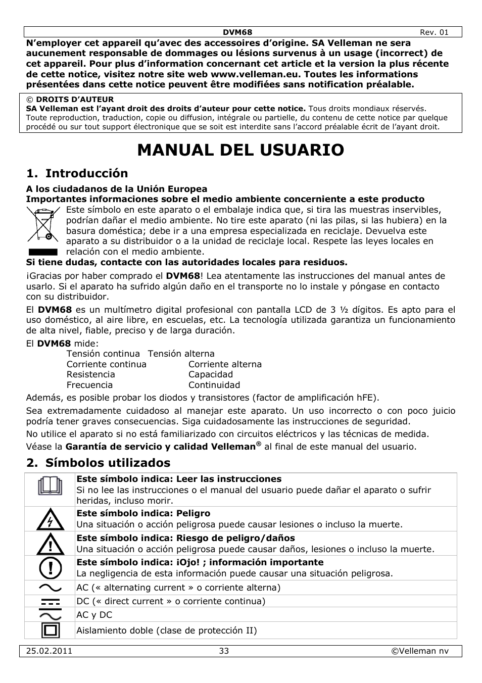 Manual del usuario, Introducción, Símbolos utilizados | Velleman DVM68 User Manual | Page 33 / 55