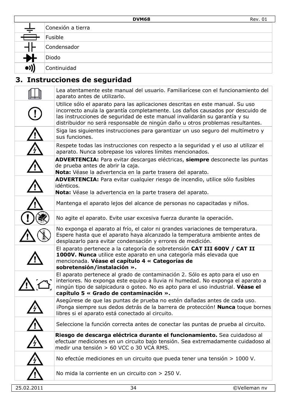 Instrucciones de seguridad | Velleman DVM68 User Manual | Page 34 / 55