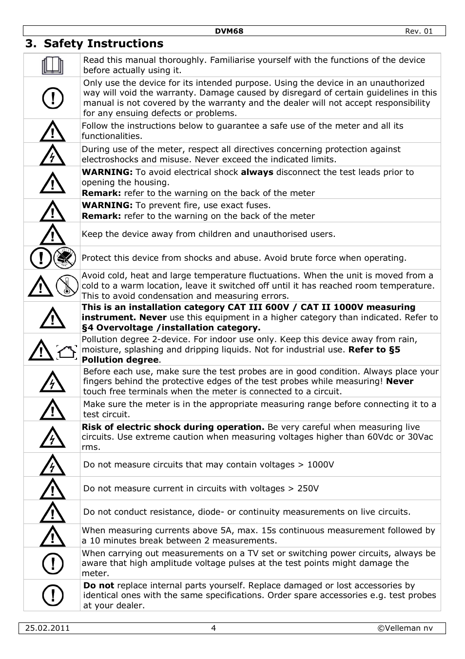 Safety instructions | Velleman DVM68 User Manual | Page 4 / 55