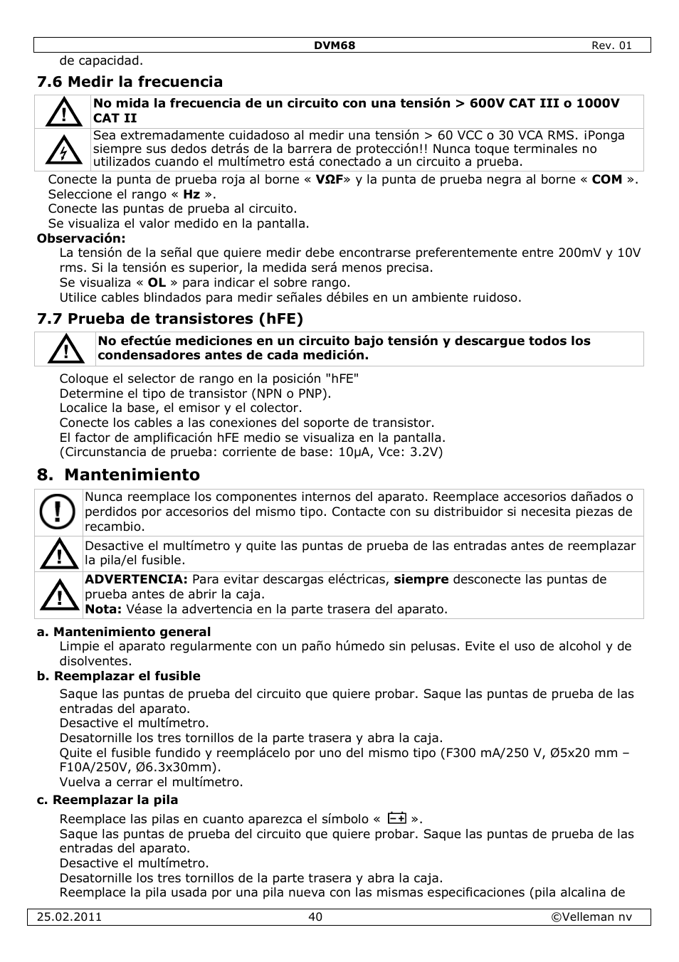 Mantenimiento | Velleman DVM68 User Manual | Page 40 / 55