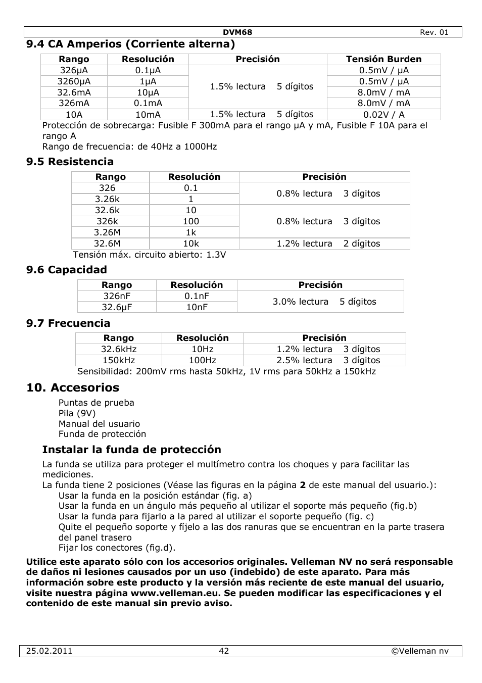Accesorios | Velleman DVM68 User Manual | Page 42 / 55