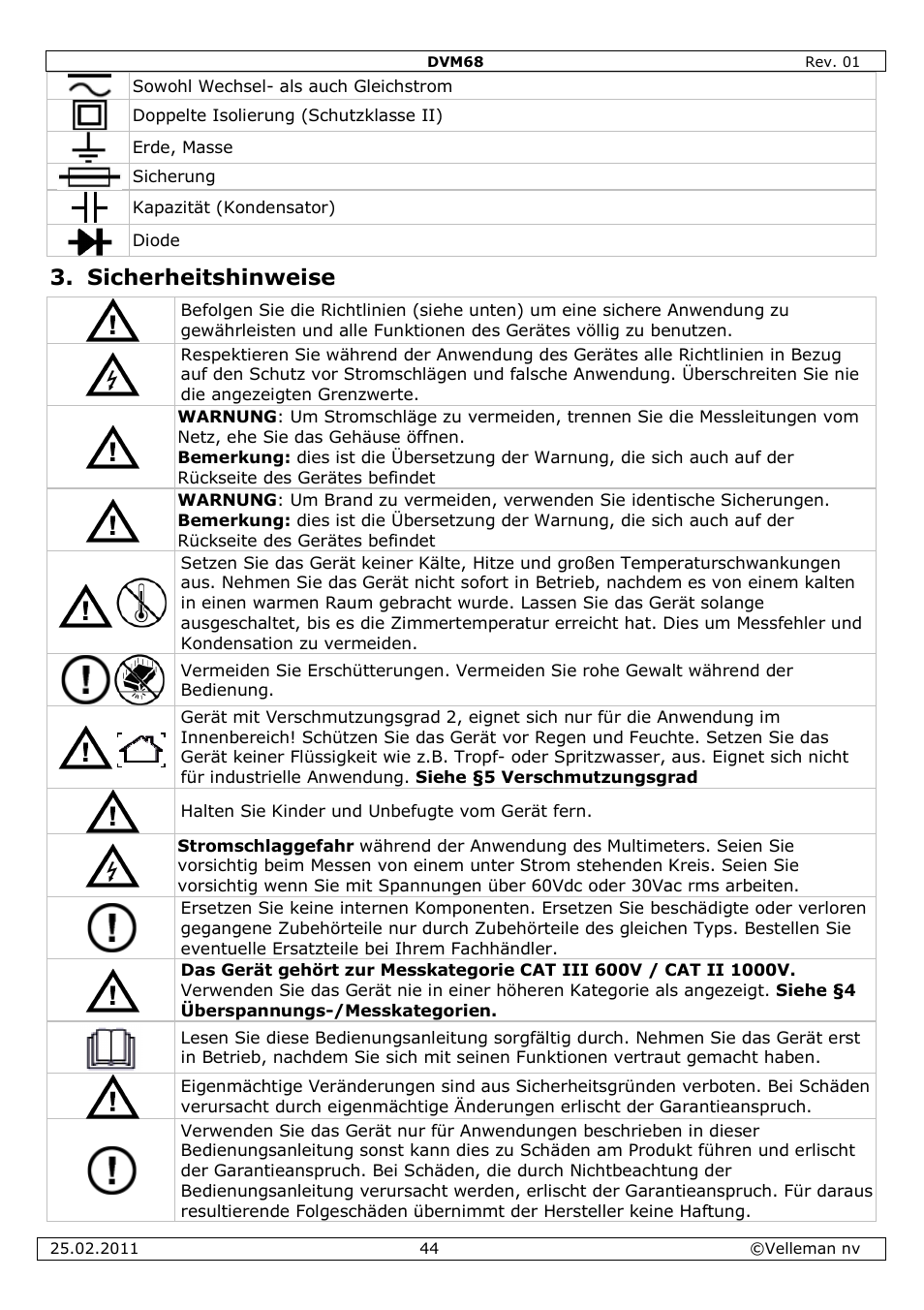 Sicherheitshinweise | Velleman DVM68 User Manual | Page 44 / 55