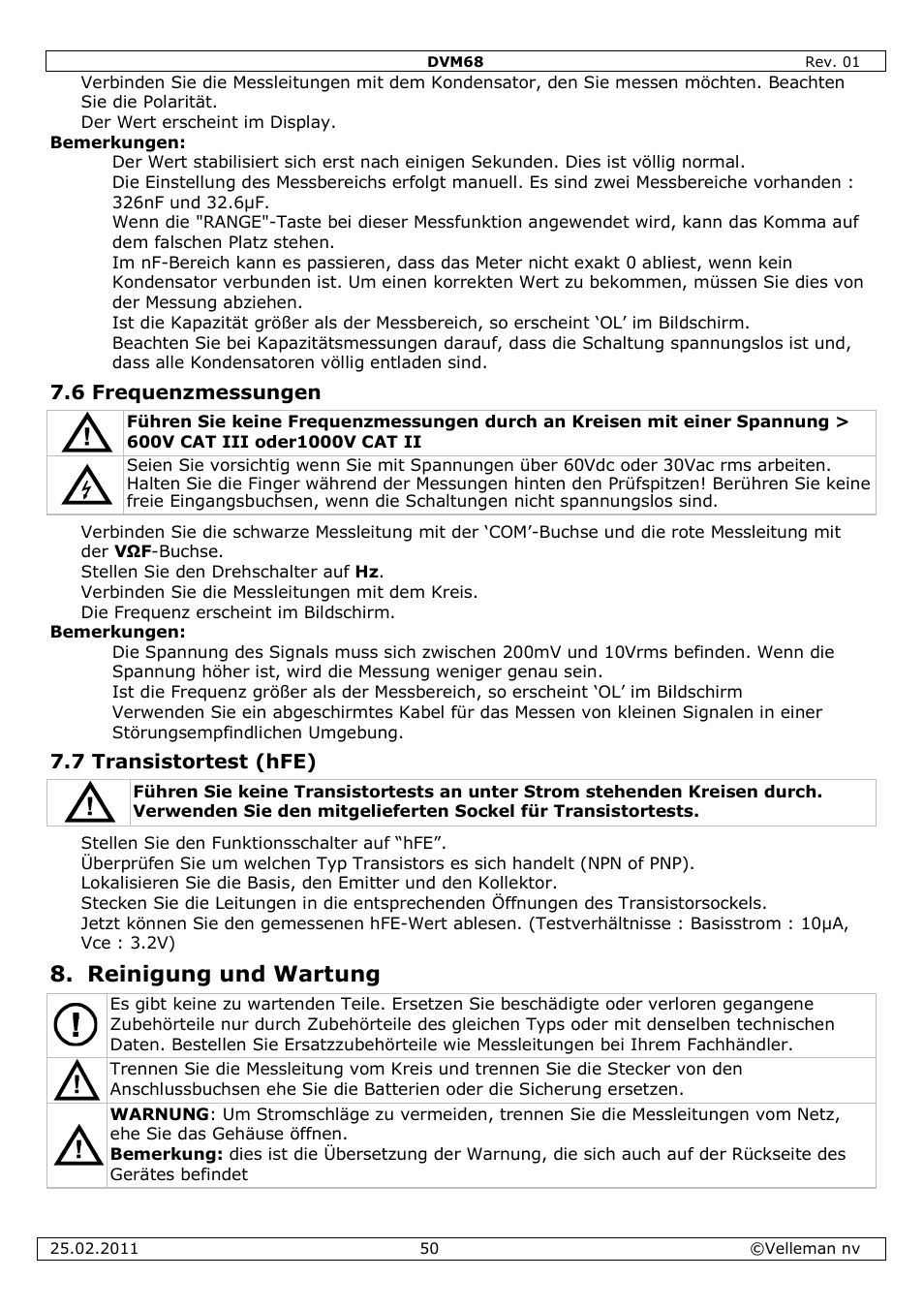 Reinigung und wartung | Velleman DVM68 User Manual | Page 50 / 55