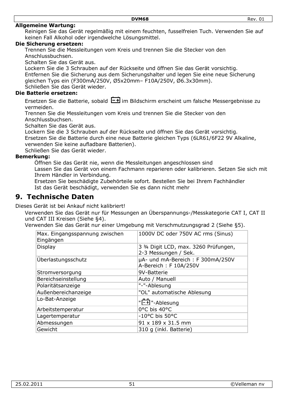 Technische daten | Velleman DVM68 User Manual | Page 51 / 55