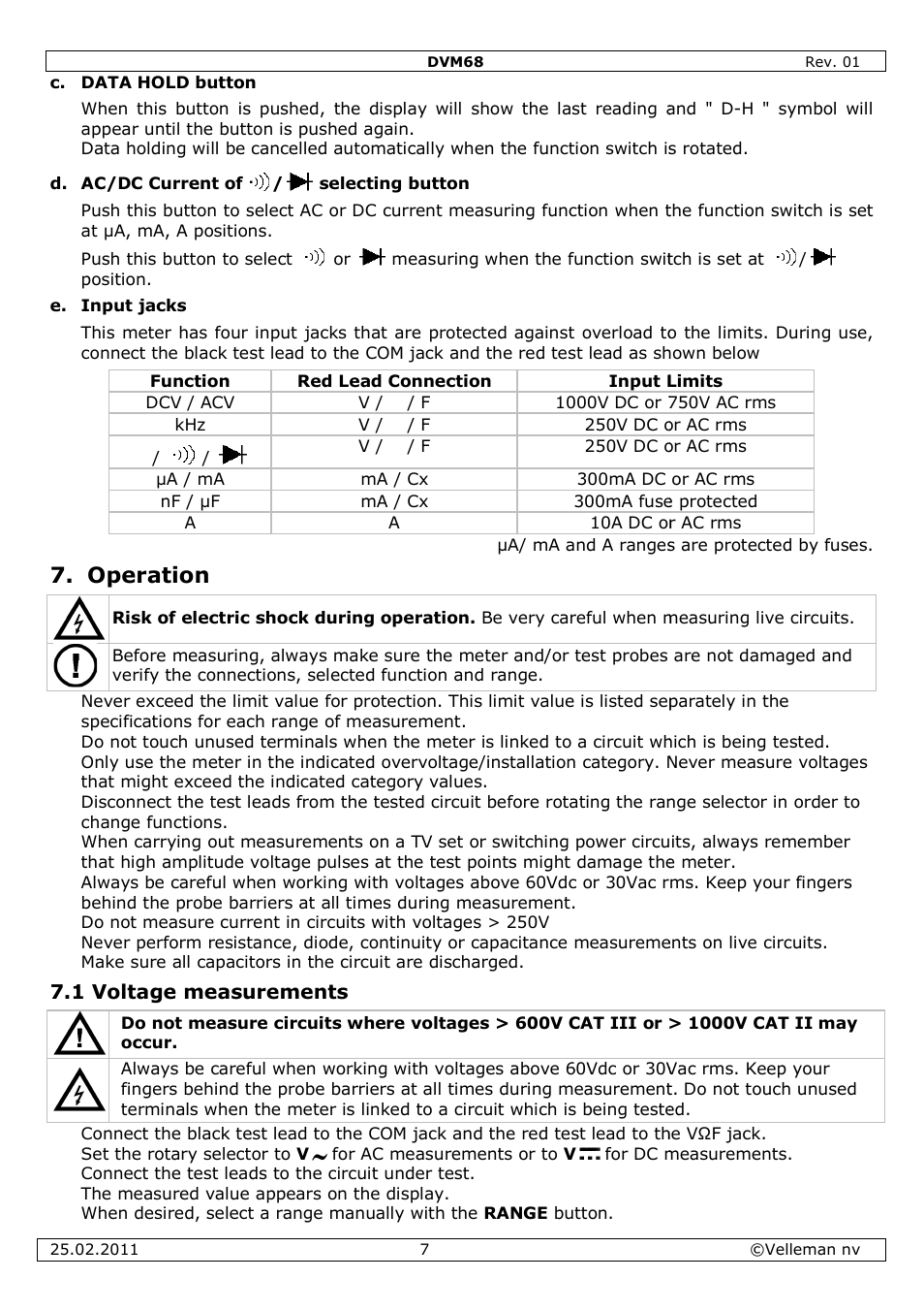 Operation | Velleman DVM68 User Manual | Page 7 / 55