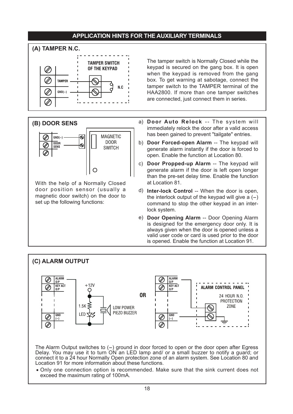 Application hints for the auxiliary terminals, A) tamper n.c. (b) door sens, C) alarm output | Velleman HAA2801 User Manual | Page 18 / 42