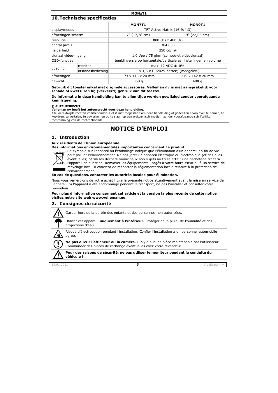 Otice d, Emploi | Velleman MON7T1 User Manual | Page 8 / 18