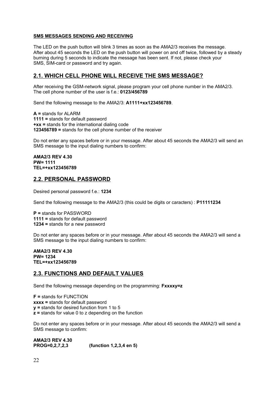 A = stands for alarm, Ama2/3 rev 4.30, P = stands for password | Velleman HAMGSMGPS User Manual | Page 23 / 47