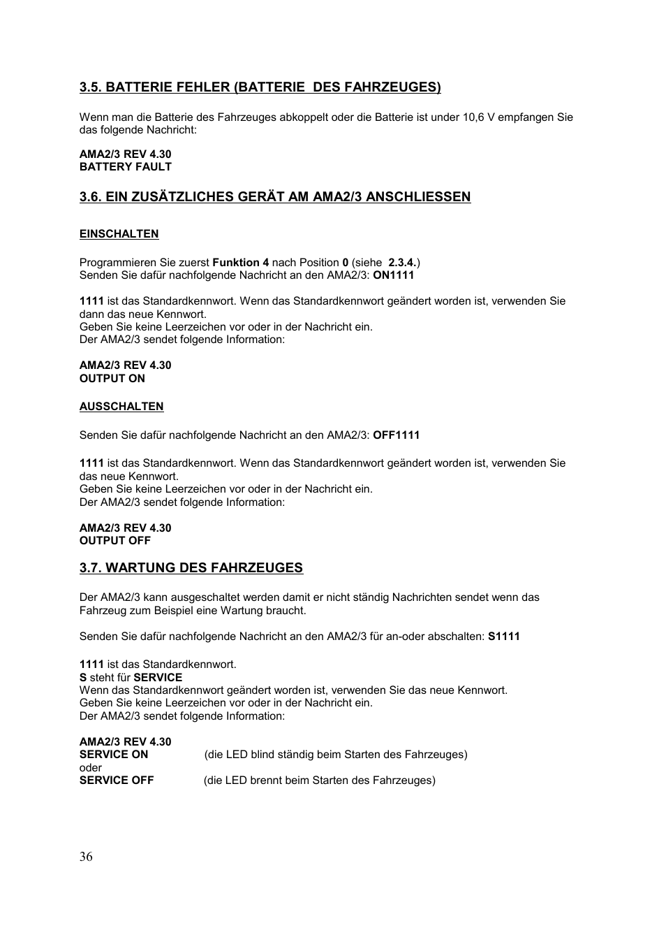 Ama2/3 rev 4.30, Battery fault, Einschalten | Output on, Ausschalten, Output off, Wartung des fahrzeuges | Velleman HAMGSMGPS User Manual | Page 37 / 47