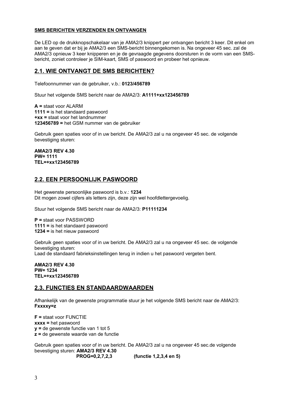 Sms berichten verzenden en ontvangen, Ama2/3 rev 4.30, Fxxxxy=z | Velleman HAMGSMGPS User Manual | Page 4 / 47