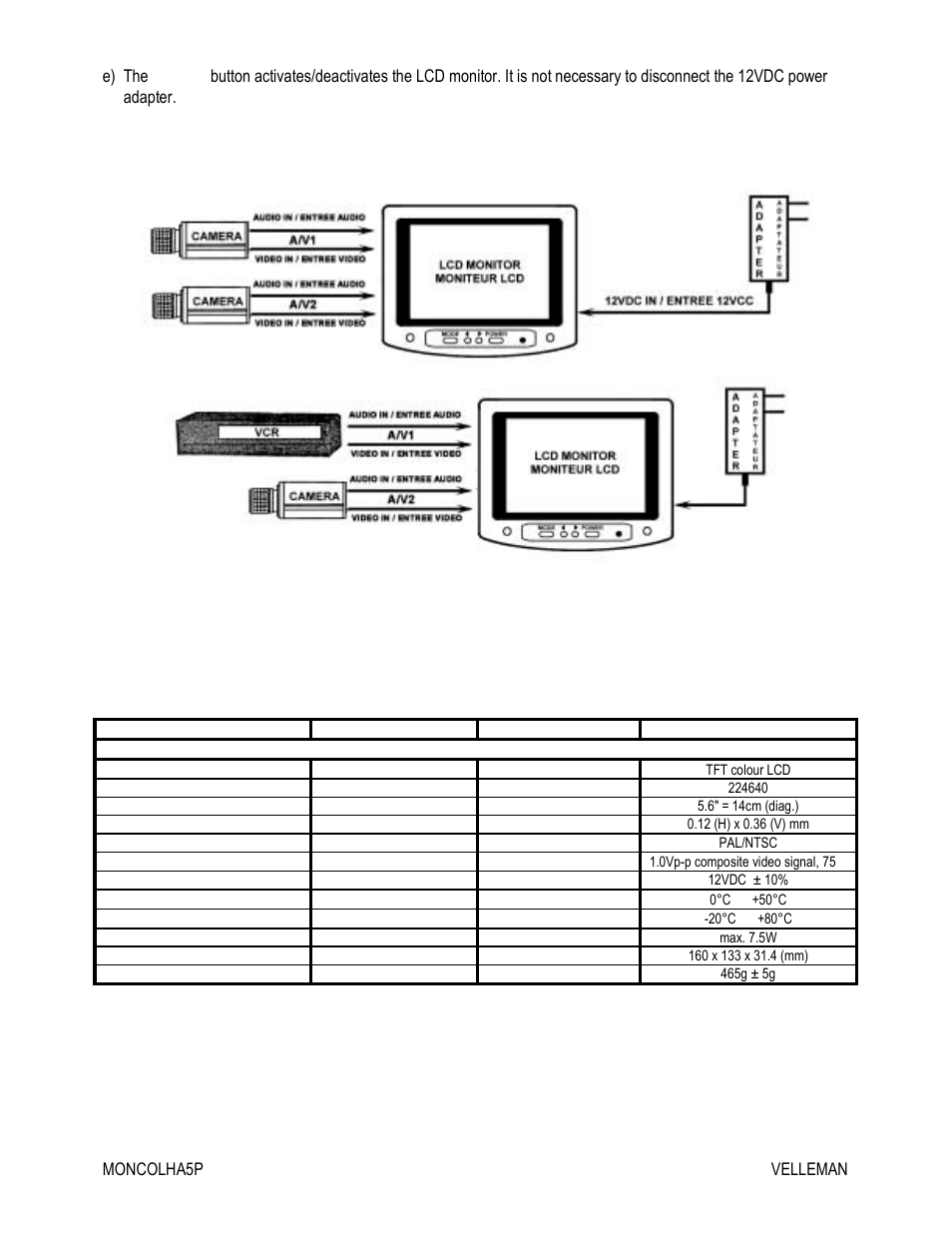 Wiring diagram = bedrading = câblage, Specifications / specificaties / spécifications | Velleman MONCOLHA5P-C User Manual | Page 2 / 7