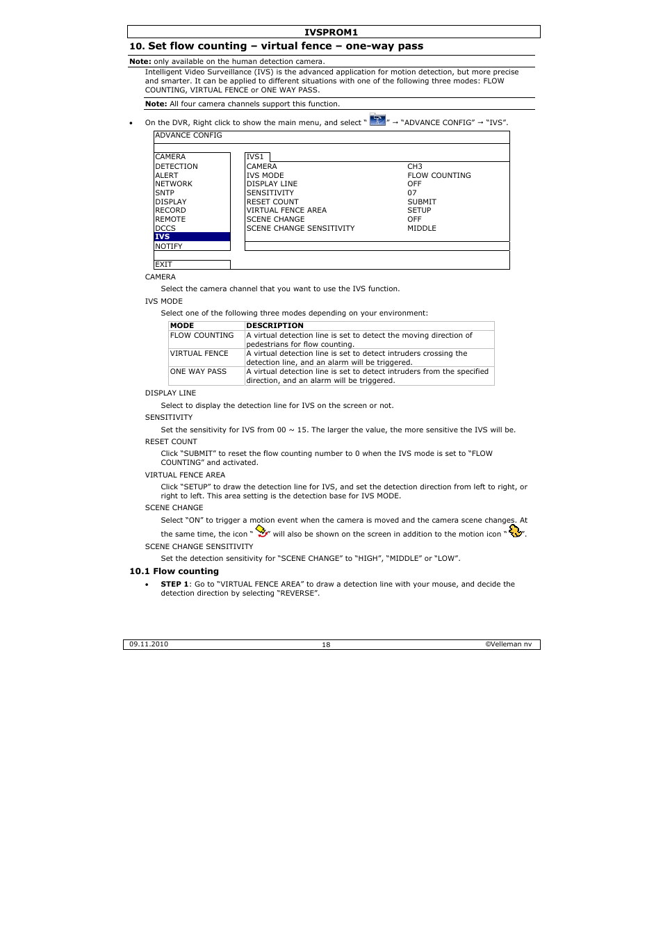 Set flow counting – virtual fence – one-way pass | Velleman IVSPROM1 User Manual | Page 18 / 95