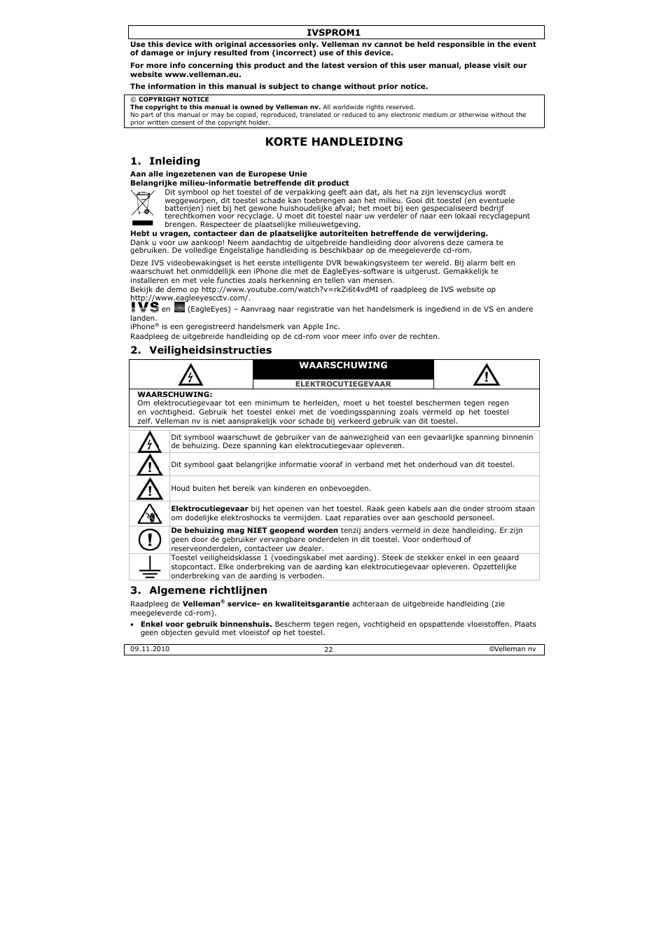 Orte hand, Dleiding, Nleiding | Eiligheidsin, Lgemene ric, Nstructies, Chtlijnen | Velleman IVSPROM1 User Manual | Page 22 / 95