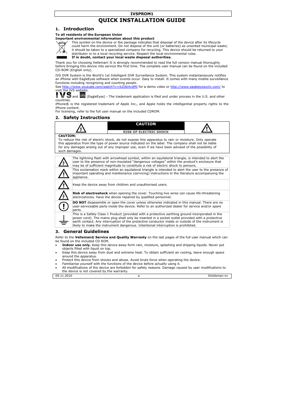 Quick, Install, Lation g | Uide, Ntroduction, Afety instru, Eneral guid, Uctions, Delines | Velleman IVSPROM1 User Manual | Page 4 / 95