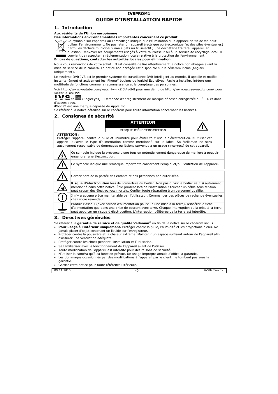 Guide d, D’install, Lation ra | Apide, Ntroduction, Onsignes de, Irectives gé, E sécurité, Énérales | Velleman IVSPROM1 User Manual | Page 40 / 95