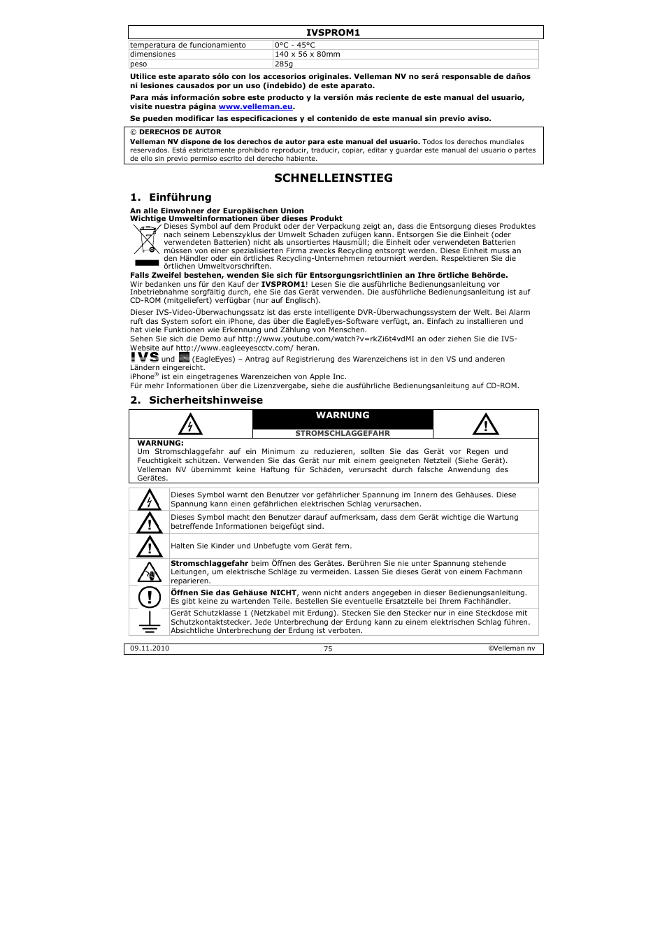 Schnelle, Instieg, Inführung | Icherheitsh, Hinweise | Velleman IVSPROM1 User Manual | Page 75 / 95