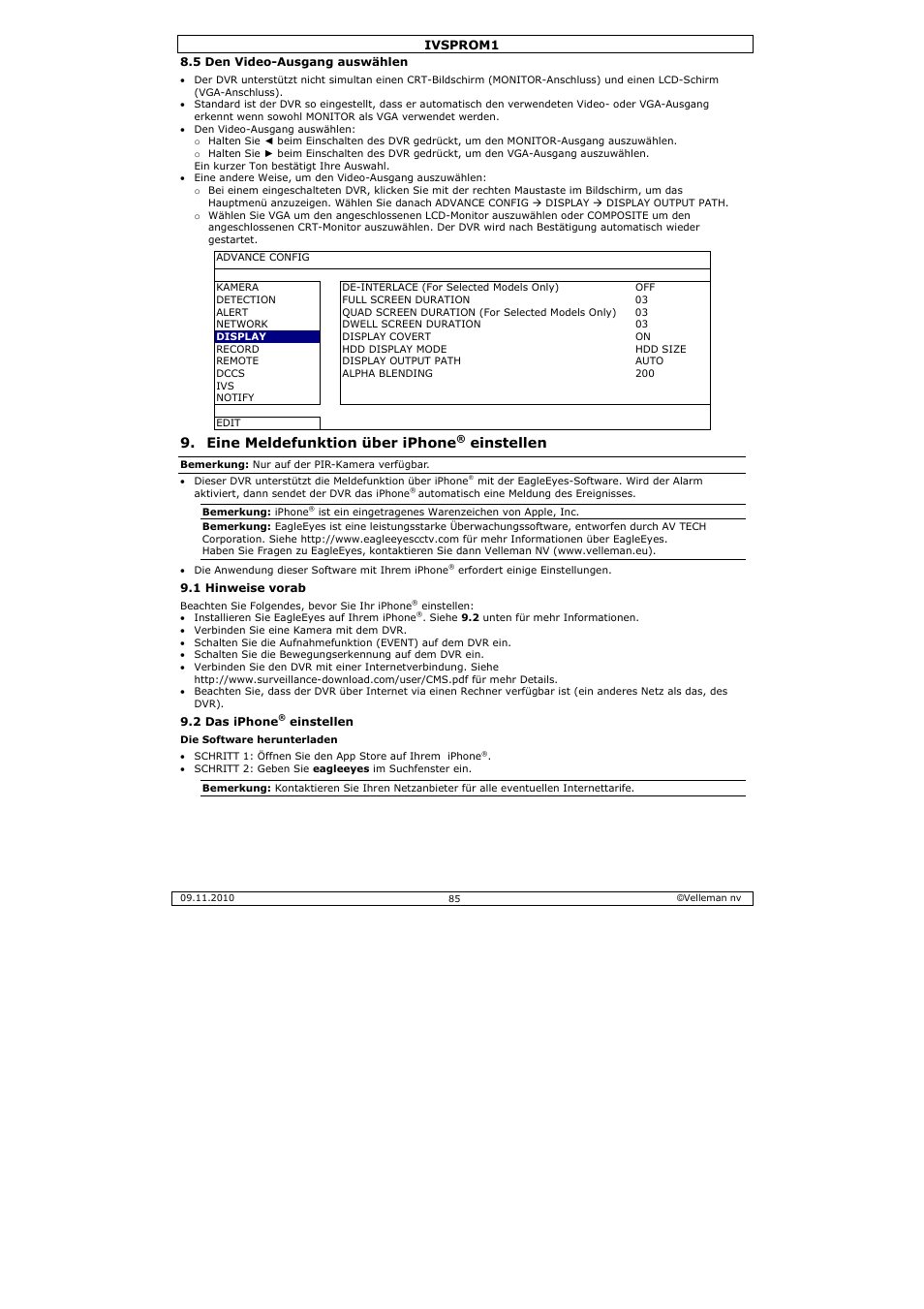 Eine meldefunktion über iphone, Einstellen | Velleman IVSPROM1 User Manual | Page 85 / 95