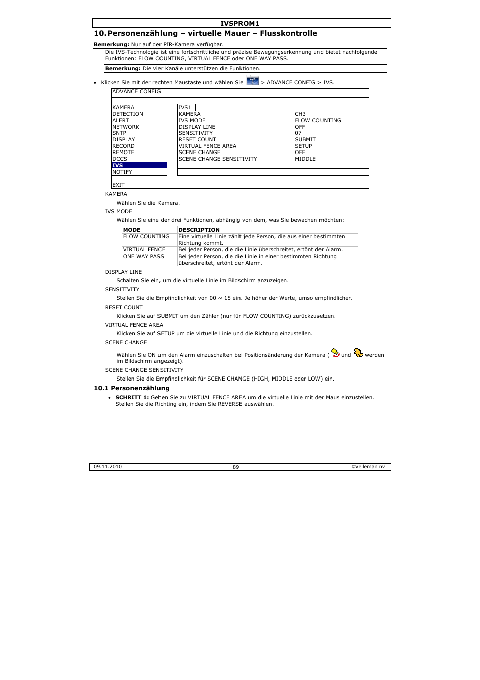 Personenzählung – virtuelle mauer – flusskontrolle | Velleman IVSPROM1 User Manual | Page 89 / 95