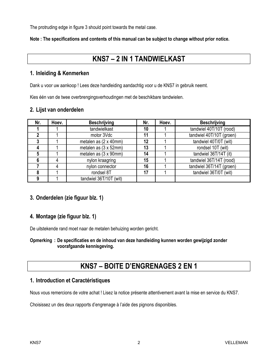 Kns7 – 2 in 1 tandwielkast, Kns7 – boite d’engrenages 2 en 1 | Velleman KNS7 User Manual | Page 2 / 4
