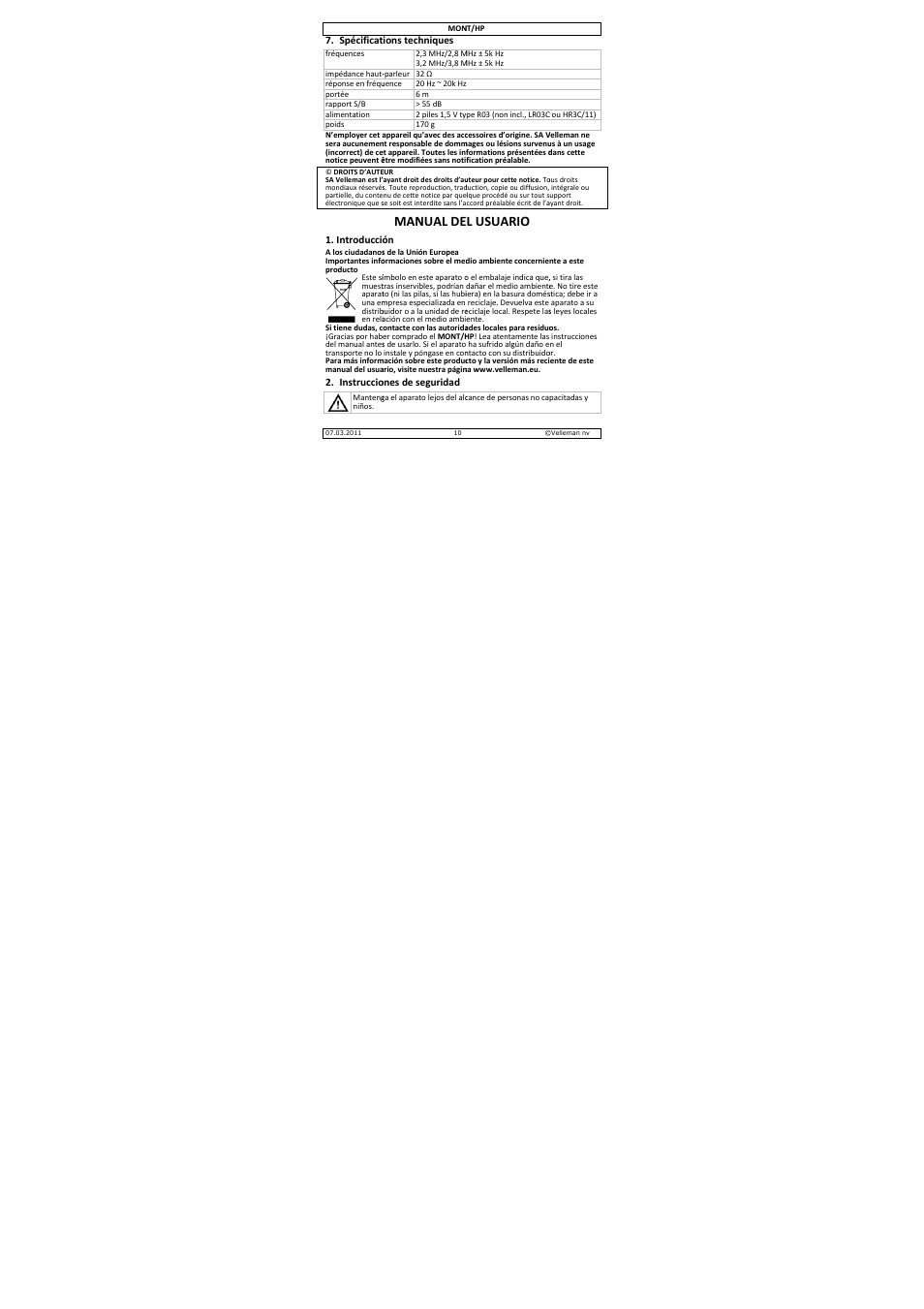 Manual de, L usuario | Velleman MONT-HP User Manual | Page 10 / 19