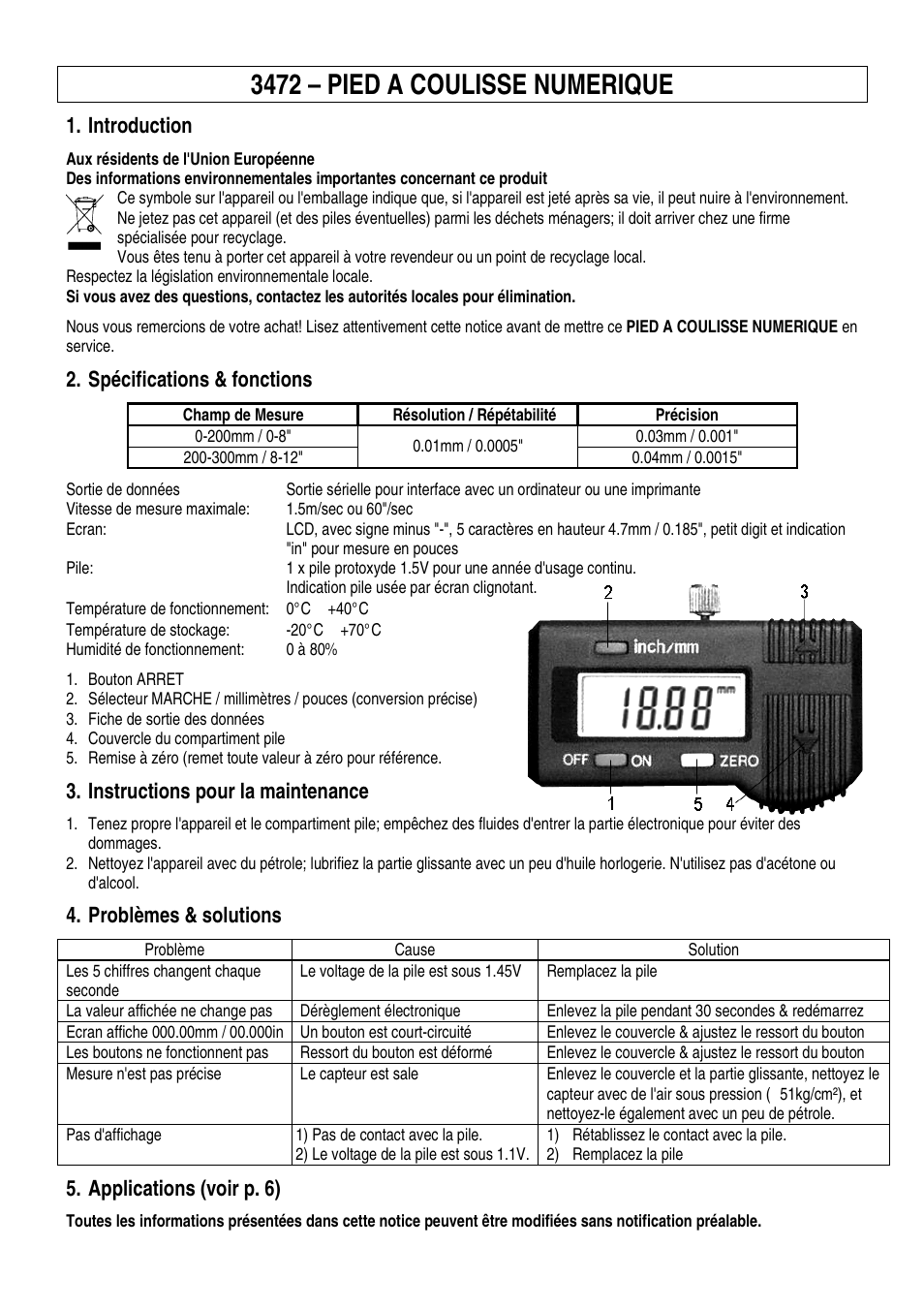 3472 – pied a coulisse numerique, Introduction, Spécifications & fonctions | Instructions pour la maintenance, Problèmes & solutions, Applications (voir p. 6) | Velleman 3472 User Manual | Page 2 / 6