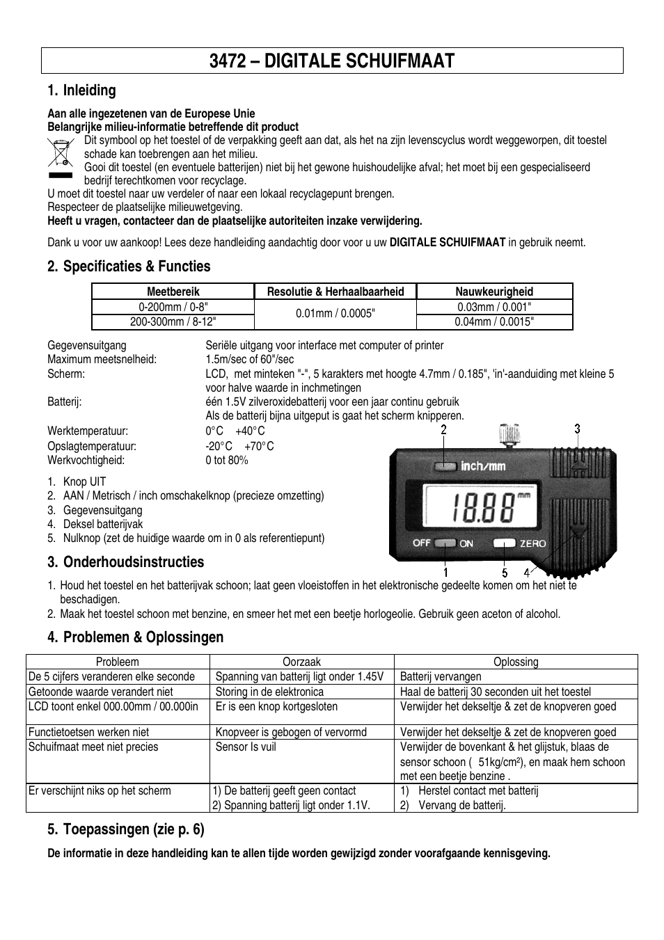 3472 – digitale schuifmaat, Inleiding, Specificaties & functies | Onderhoudsinstructies, Problemen & oplossingen, Toepassingen (zie p. 6) | Velleman 3472 User Manual | Page 3 / 6