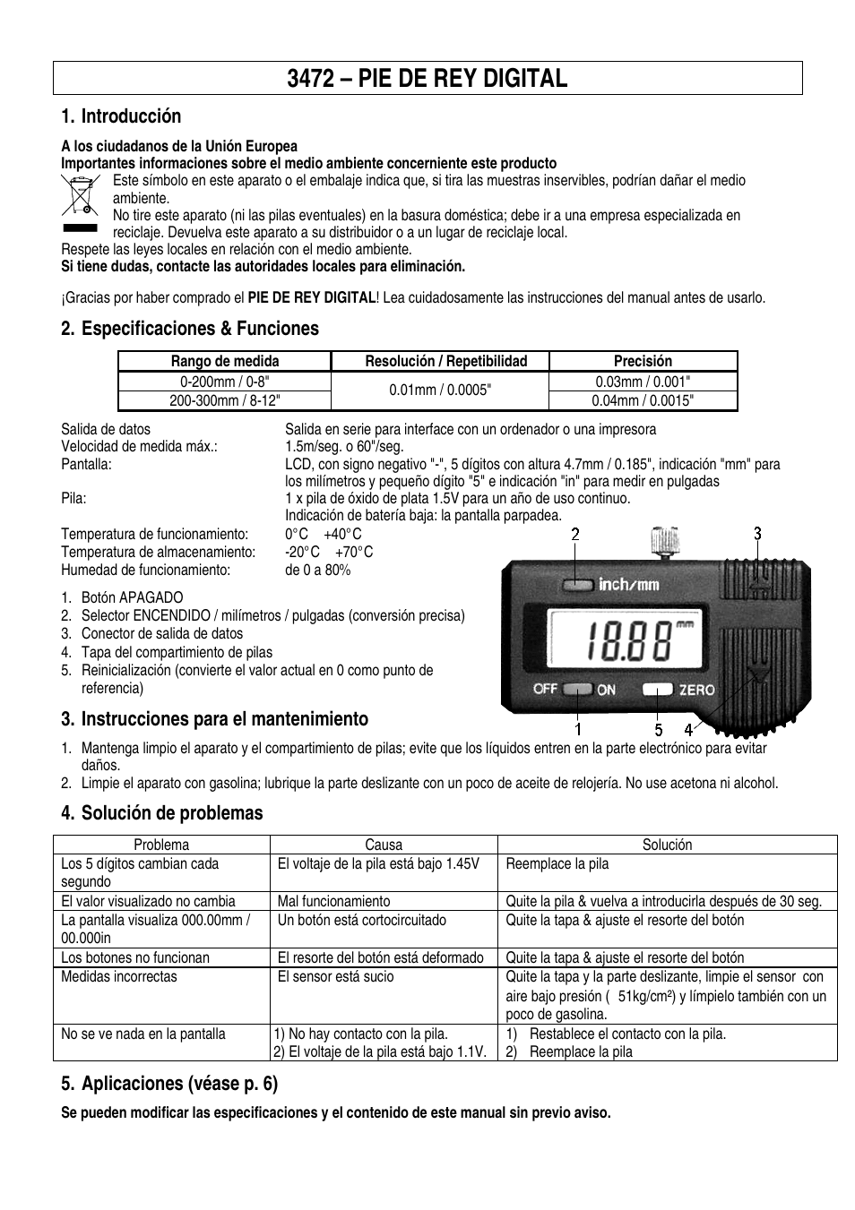 3472 – pie de rey digital, Introducción, Especificaciones & funciones | Instrucciones para el mantenimiento, Solución de problemas, Aplicaciones (véase p. 6) | Velleman 3472 User Manual | Page 4 / 6