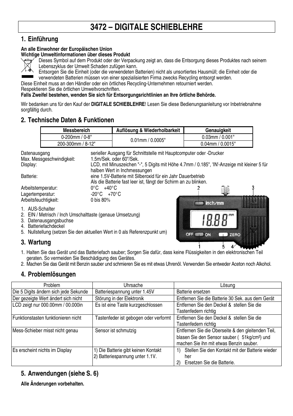 3472 – digitale schieblehre, Einführung, Technische daten & funktionen | Wartung, Problemlösungen, Anwendungen (siehe s. 6) | Velleman 3472 User Manual | Page 5 / 6