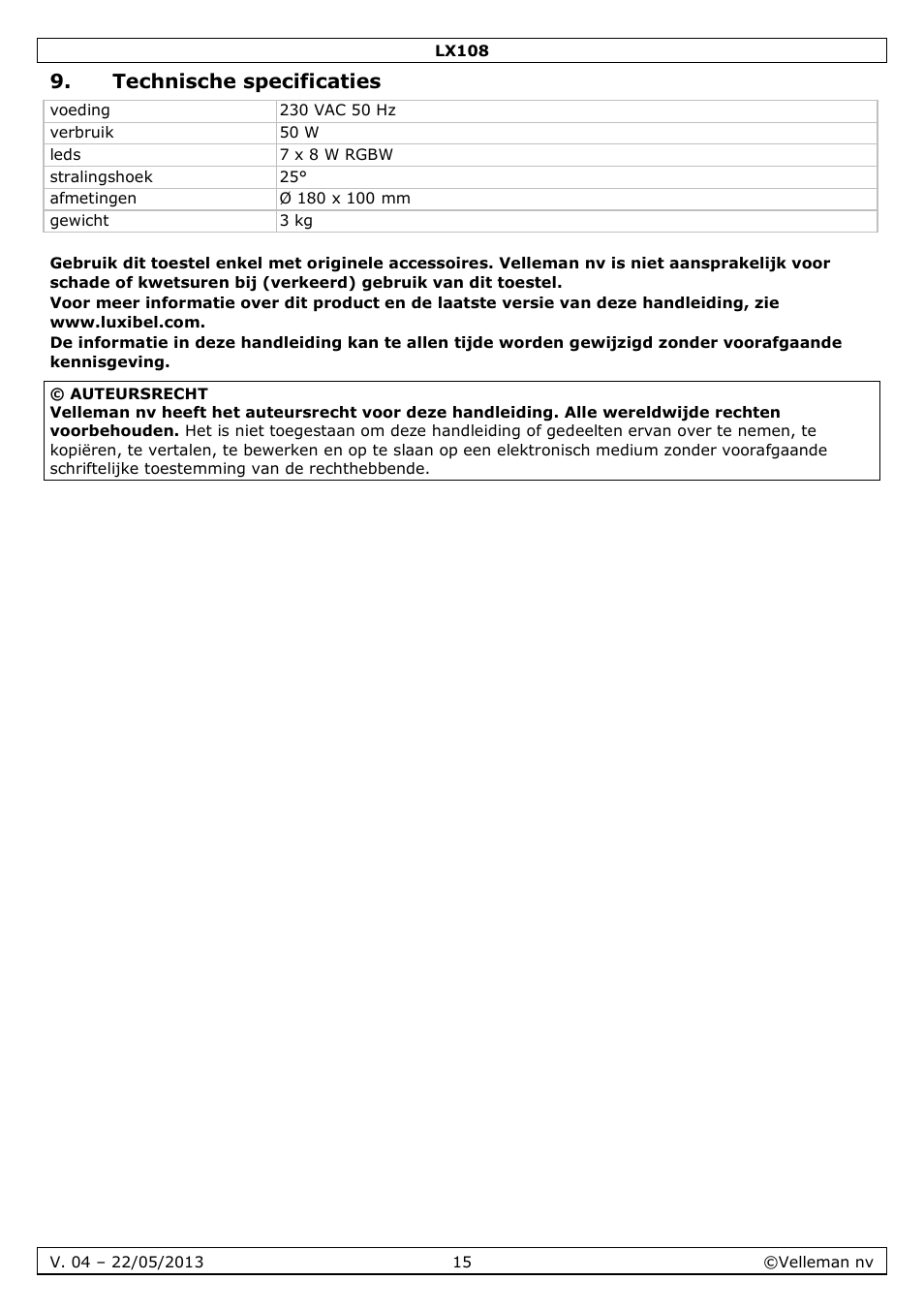 Technische specificaties | Velleman LX108 User Manual | Page 15 / 37