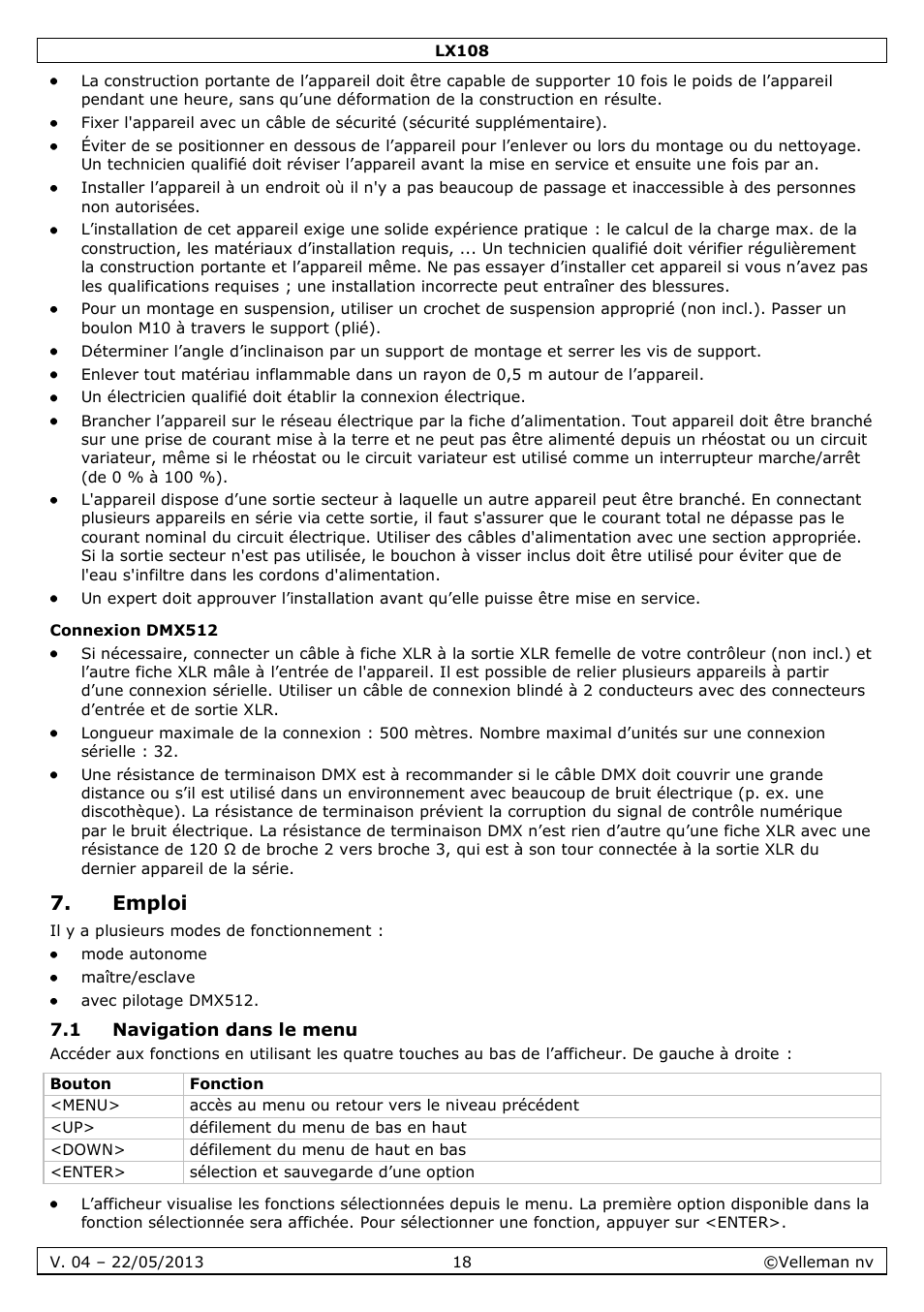Connexion dmx512, Emploi, 1 navigation dans le menu | Velleman LX108 User Manual | Page 18 / 37