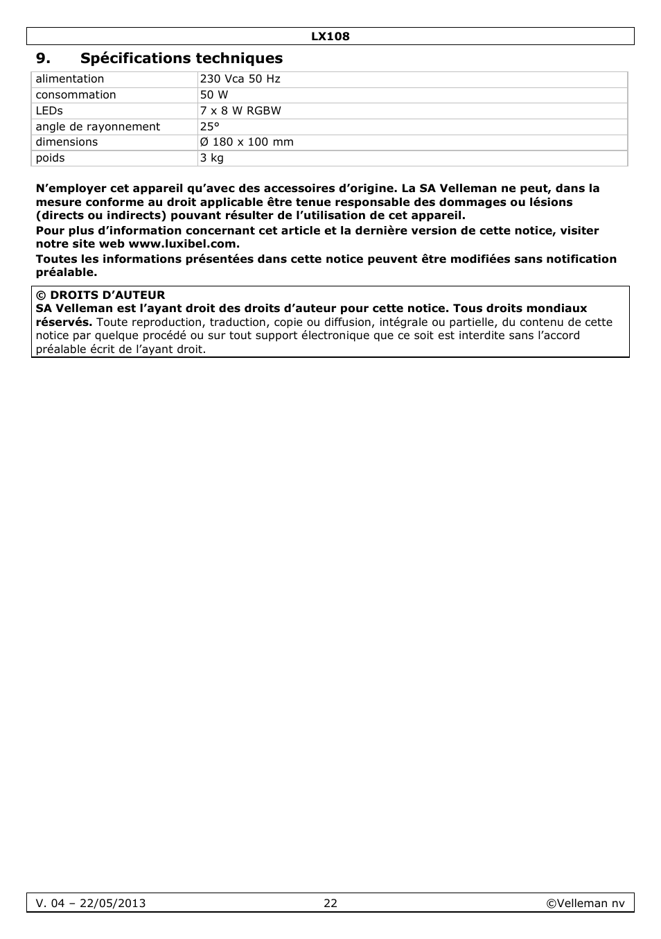 Spécifications techniques | Velleman LX108 User Manual | Page 22 / 37