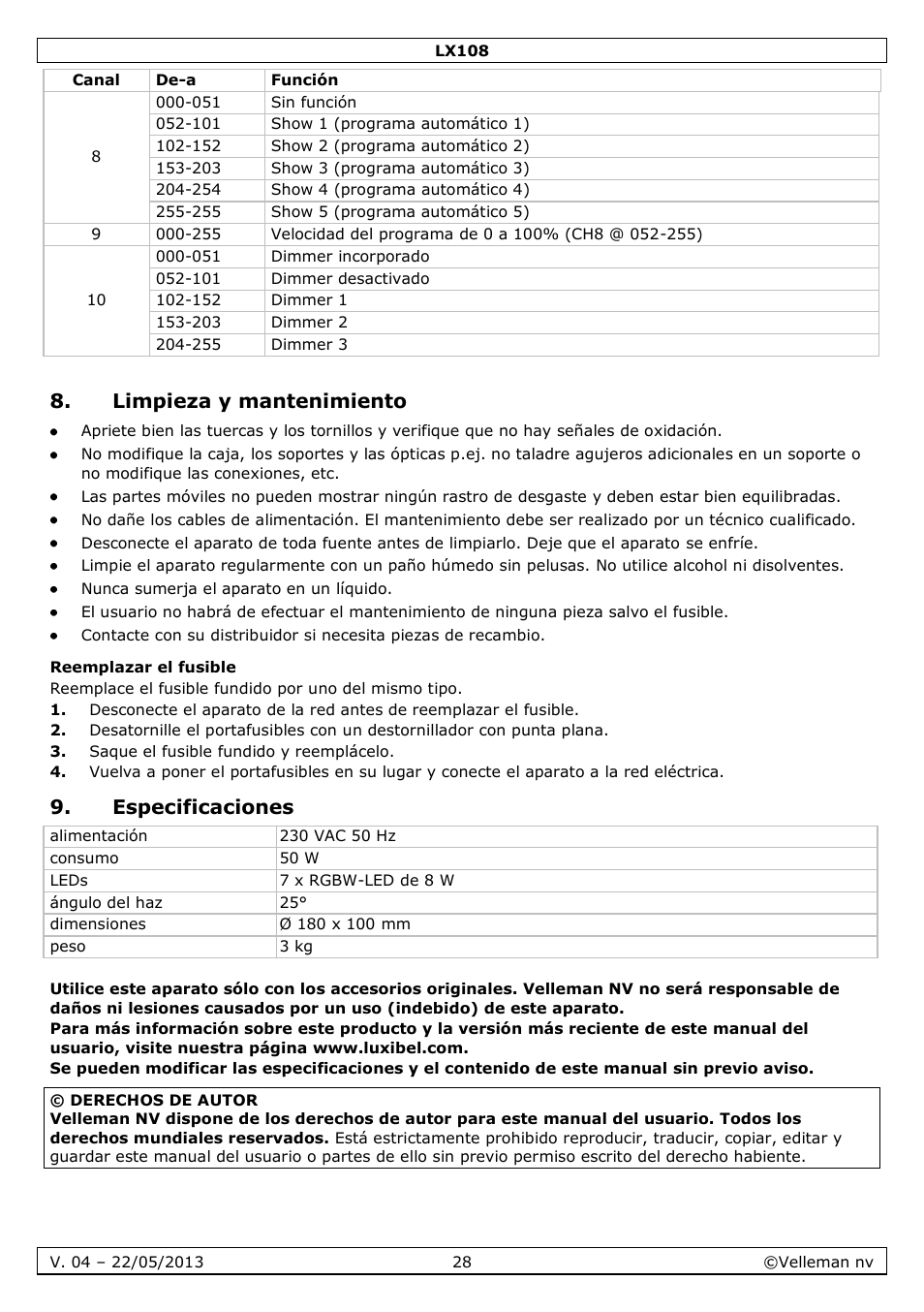 Limpieza y mantenimiento, Reemplazar el fusible, Especificaciones | Velleman LX108 User Manual | Page 28 / 37