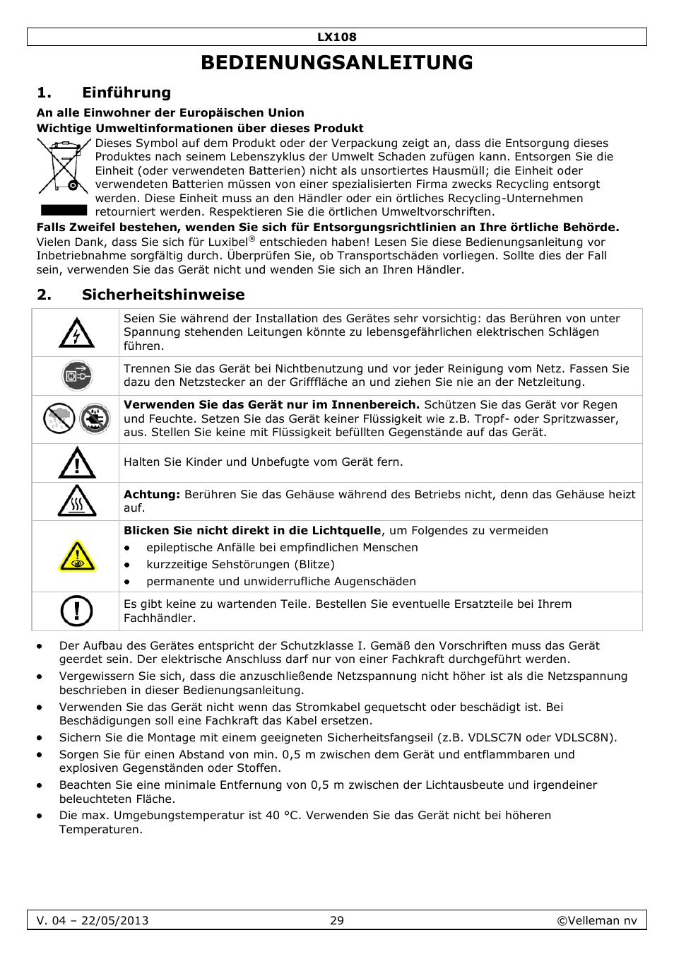 Bedienungsanleitung, Einführung, Sicherheitshinweise | Velleman LX108 User Manual | Page 29 / 37