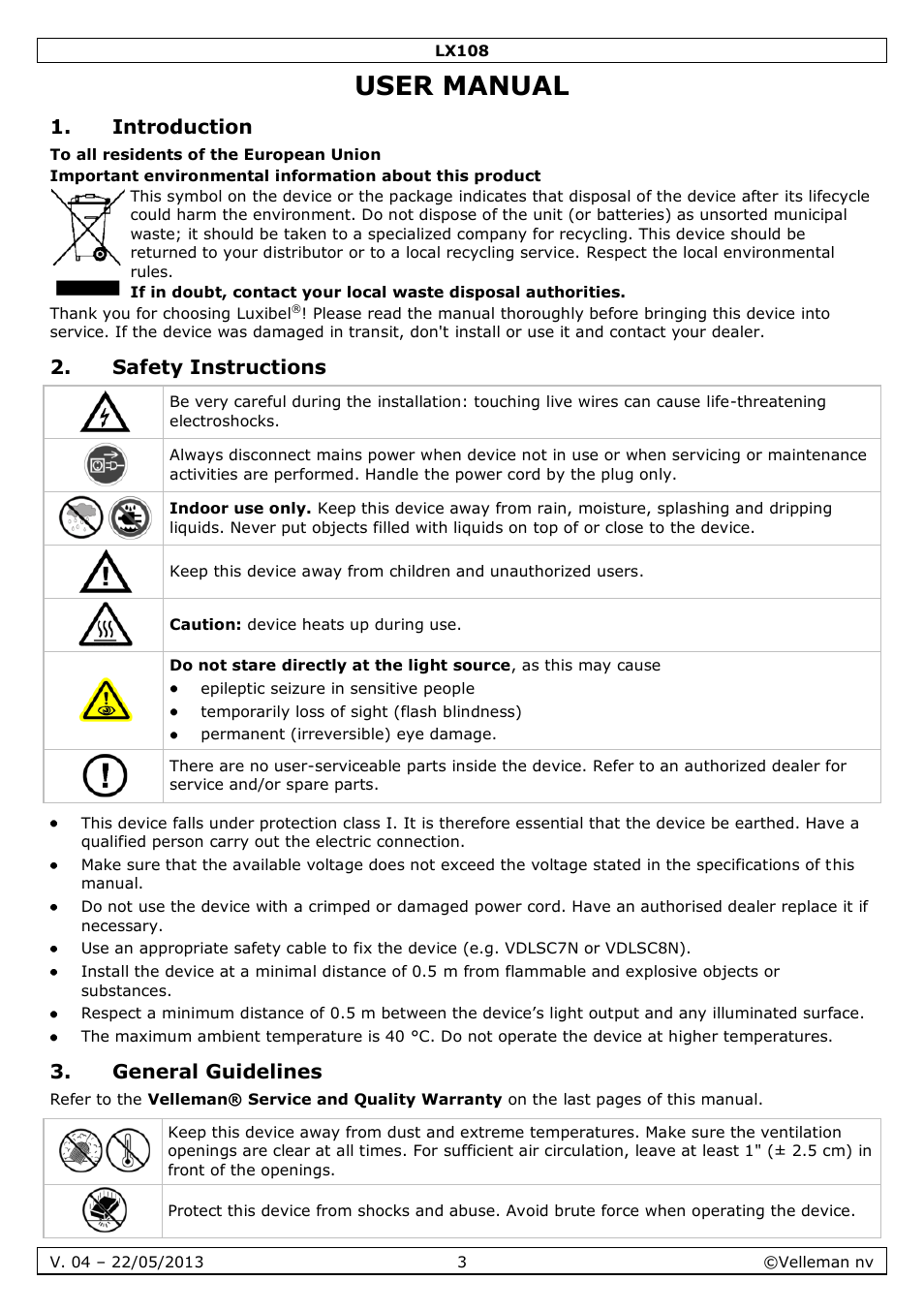 User manual, Introduction, Safety instructions | General guidelines | Velleman LX108 User Manual | Page 3 / 37