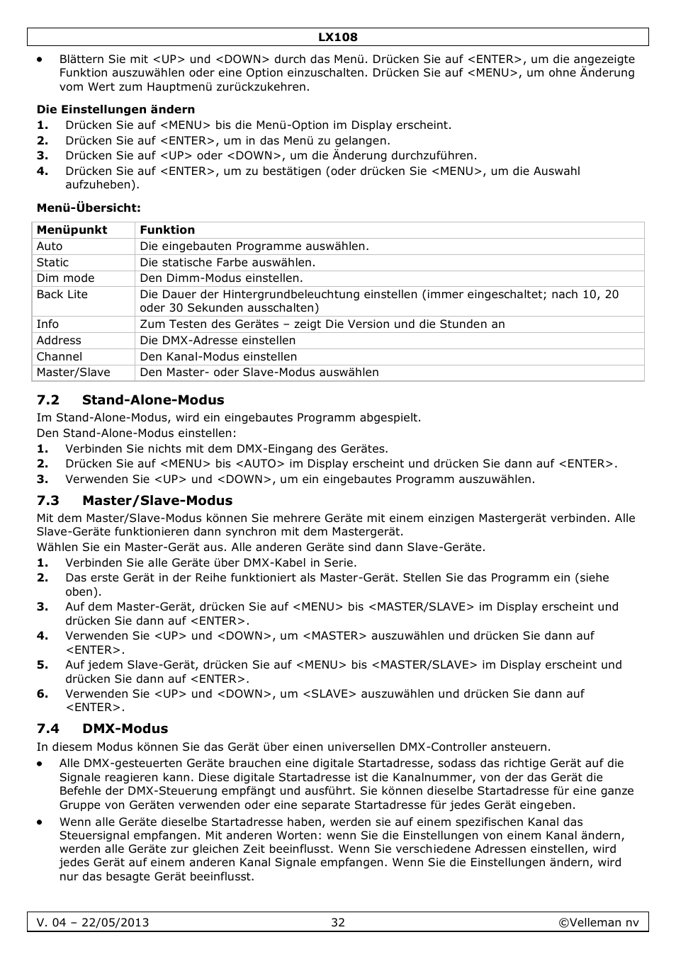 Die einstellungen ändern, Menü-übersicht, 2 stand-alone-modus | 3 master/slave-modus, 4 dmx-modus | Velleman LX108 User Manual | Page 32 / 37