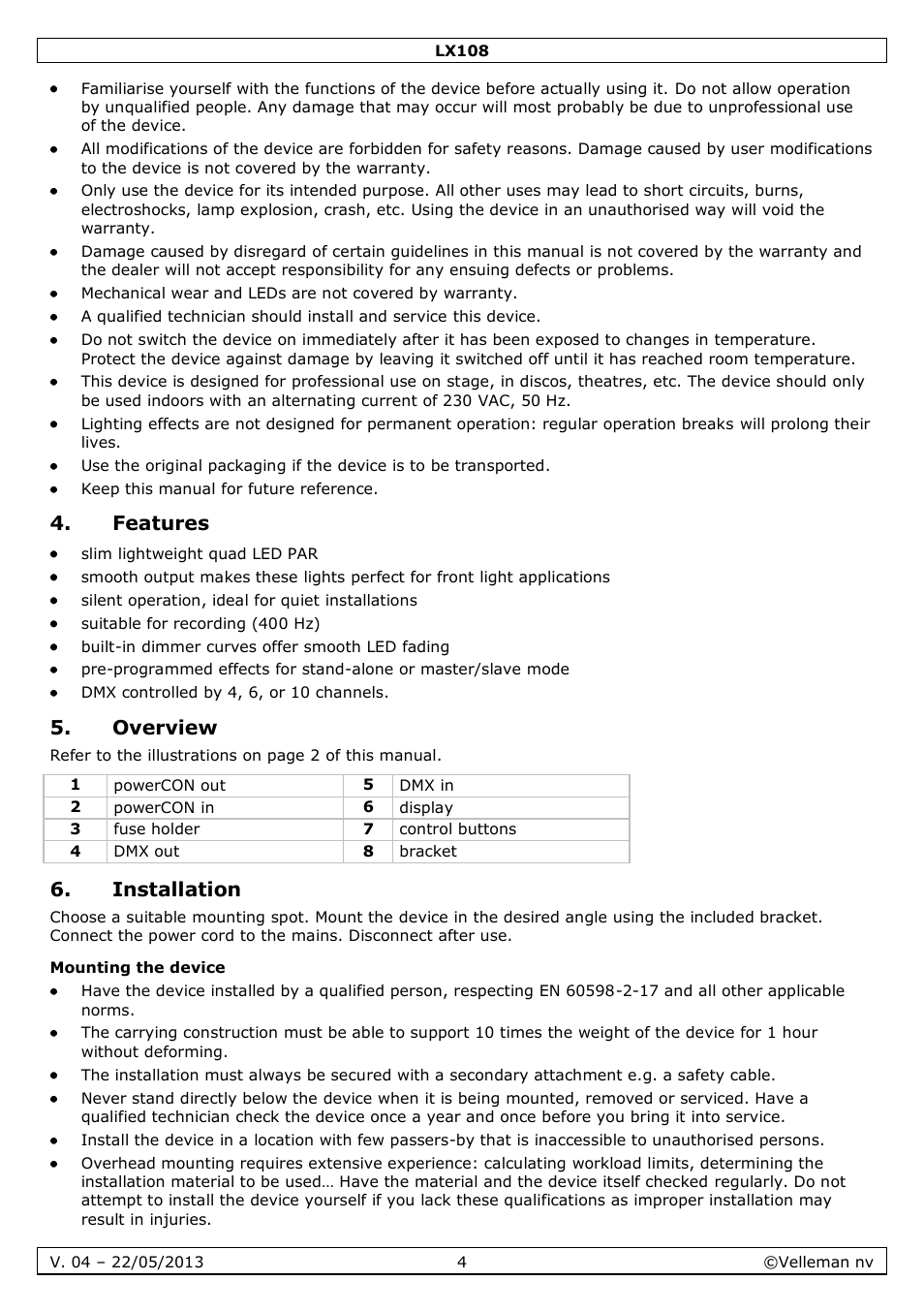 Features, Overview, Installation | Mounting the device | Velleman LX108 User Manual | Page 4 / 37