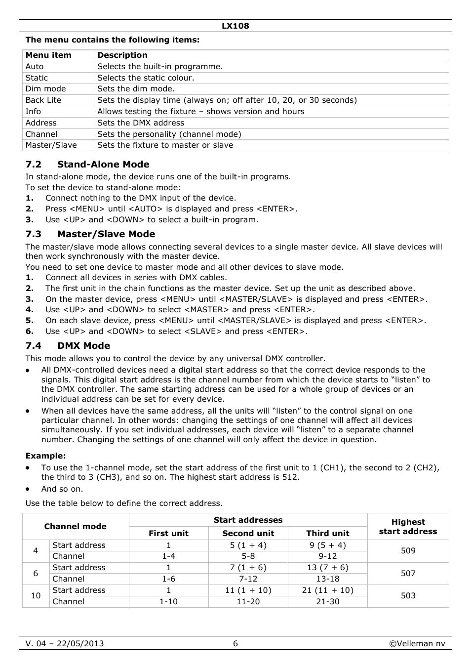 The menu contains the following items, 2 stand-alone mode, 3 master/slave mode | 4 dmx mode, Example | Velleman LX108 User Manual | Page 6 / 37
