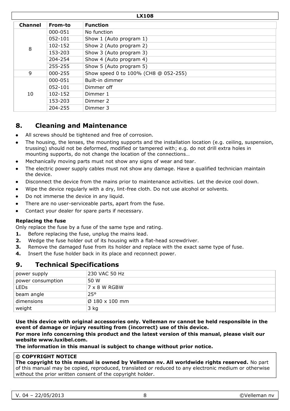 Cleaning and maintenance, Replacing the fuse, Technical specifications | Velleman LX108 User Manual | Page 8 / 37