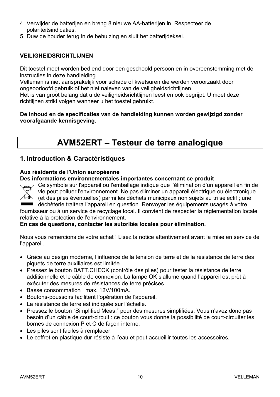 Avm52ert – testeur de terre analogique | Velleman AVM52ERT User Manual | Page 10 / 39