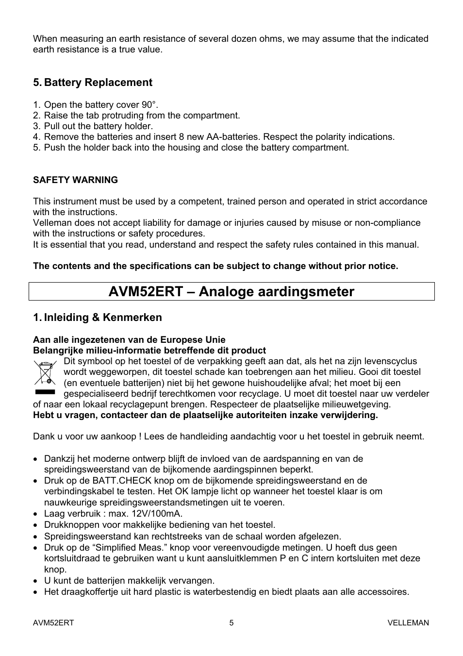 Avm52ert – analoge aardingsmeter | Velleman AVM52ERT User Manual | Page 5 / 39