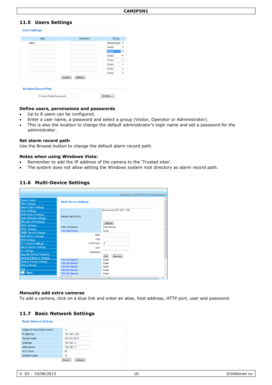 5 users settings, Define users, permissions and passwords, Set alarm record path | Notes when using windows vista, 6 multi-device settings, Manually add extra cameras, 7 basic network settings | Velleman CAMIP5N1 User manual User Manual | Page 10 / 114