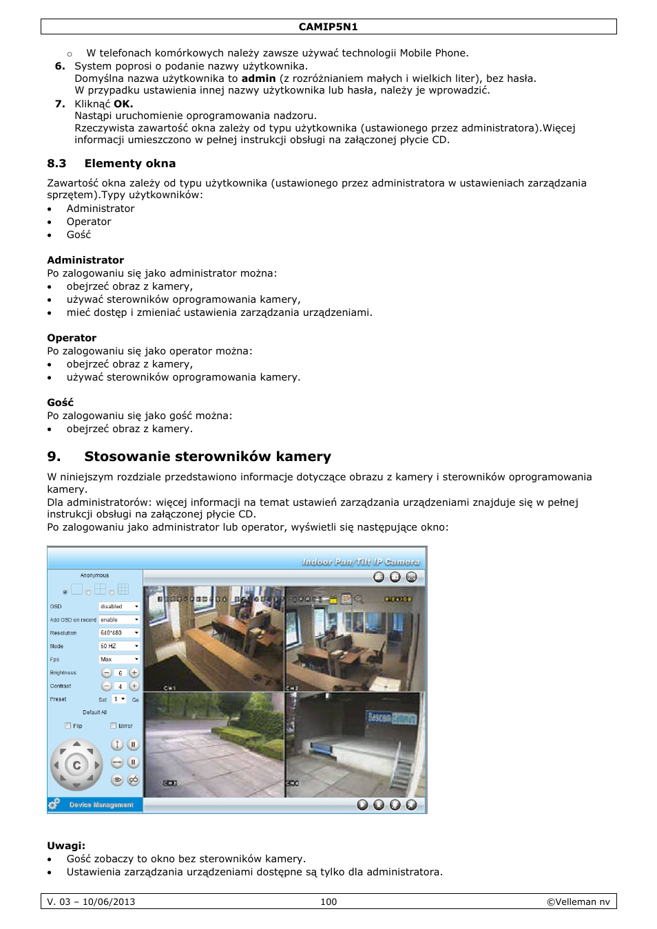 3 elementy okna, Administrator, Operator | Gość, Stosowanie sterowników kamery, Uwagi | Velleman CAMIP5N1 User manual User Manual | Page 100 / 114